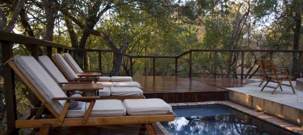 The pool deck with sunloungers at Shumbalala Game Lodge, Thornybush Game Reserve, South Africa - Image 5