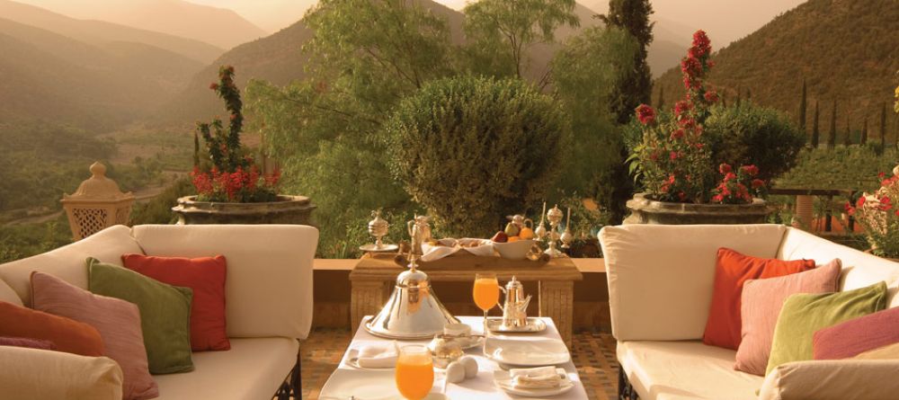 Elegant outdoor lounge at Kasbah Tamadot, Atlas Mountains, Morocco - Image 1