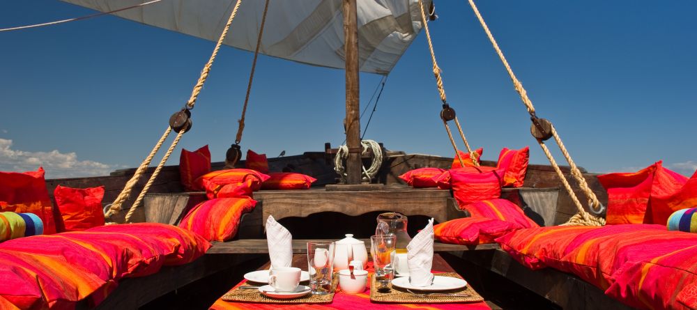 A beautifully decorated traditional dhow for cruises on the lake at Pumulani, Lake Malawi, Malawi - Image 9
