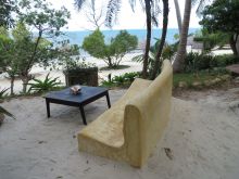 An outdoor lounge area overlooking the ocean at Pole Pole Bungalow Resort, Mafia Island, Tanzania (Mango staff photo)