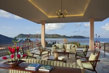 Open air lounge with stunning vistas at Raffles Praslin, Praslin, Seychelles