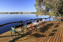 The deck overlooking the water at Guma Lagoon Camp, Okavango Delta, Botswana