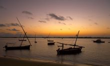 Dhows at sunset at Peponi Hotel, Lamu Island, Kenya