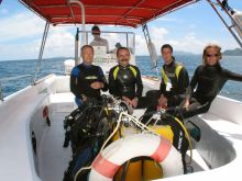 The boat taking guests out to diving spots at New Emerald Cove, Praslin, Seychelles