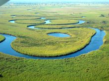 Aerial shot of the surroundings at Guma Lagoon Camp, Okavango Delta, Botswana