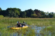 Kayaking on the delta at Guma Lagoon Camp, Okavango Delta, Botswana