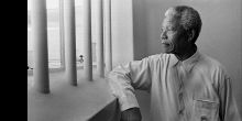 Nelson Mandela in his former cell at Robben Island, Cape Town, South Africa