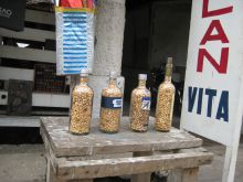 Creative recycling of containers at the peanut store at Mikhaels Hotel, Brazzaville, Republic of Congo (Mango Staff photo) 