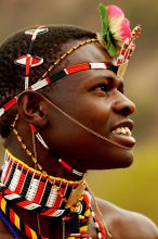 A close-up portrait of the elaborate bead-work jewelry worn by the tribesmen at Sabuk Lodge, Laikipia, Kenya